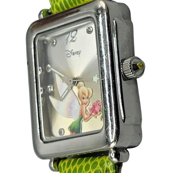 Disney Tinkerbell Accutime Watch TK1022 7" Green Faux Leather Band Silver Tone - Picture 10 of 15